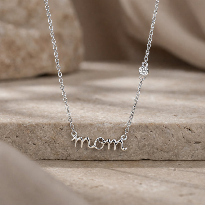 Sterling Silver Cursive Mom Necklace