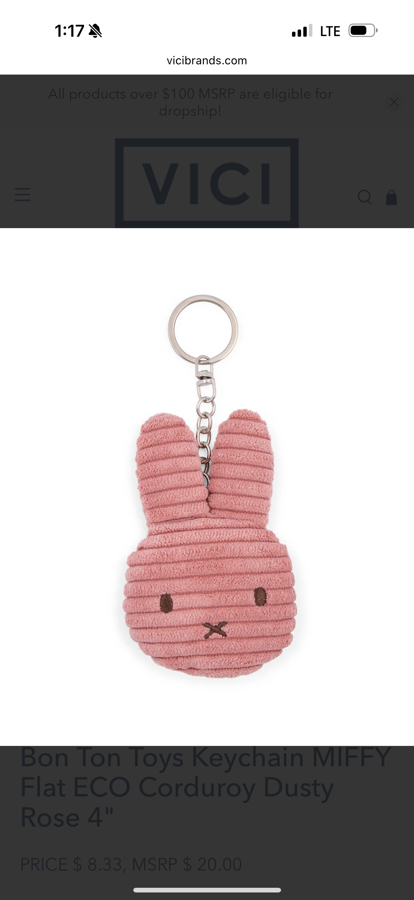 Miffy Corduroy Flat Keychain Dusty Rose