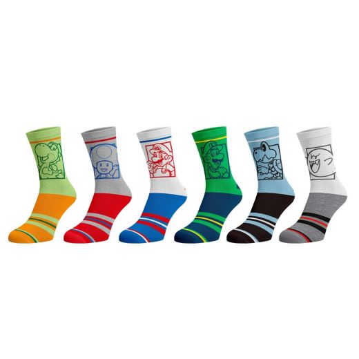 Super Mario Bros Character Portraits 6 Pack Crew Socks
