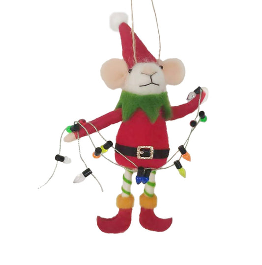 WOOL MOUSE RED 5″ DRESSED IN AN ELF COSTUME HOLDING STRING LIGHTS Ornament