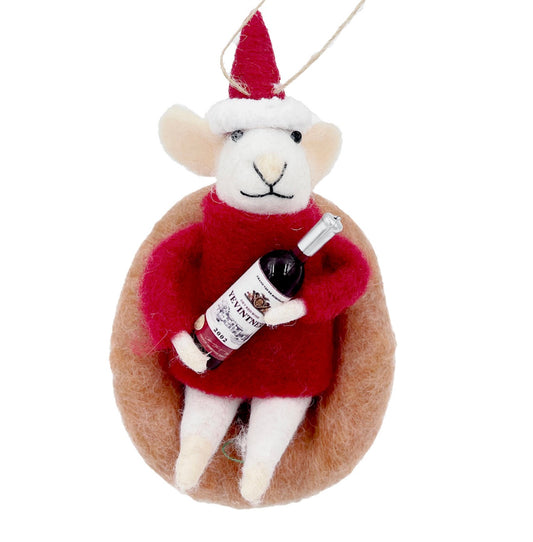 WOOL MOUSE RED/WHITE 4″ SITTING ON A SOFA HOLDING A WINE BOTTLE Ornament