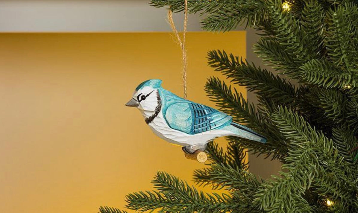 Carved Wooden BlueJay Ornament