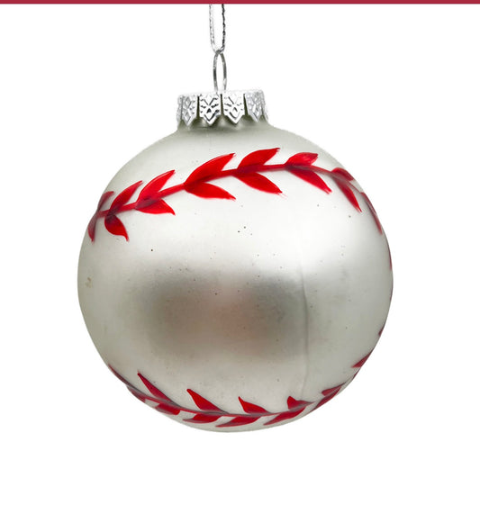 GLASS BASEBALL 3″ MATTE WHITE /RED STICH ornament