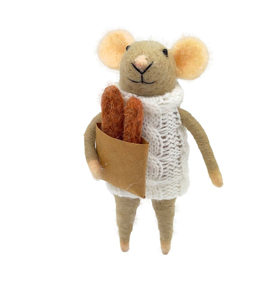 Wool Mouse with Bag of Baguettes Ornament