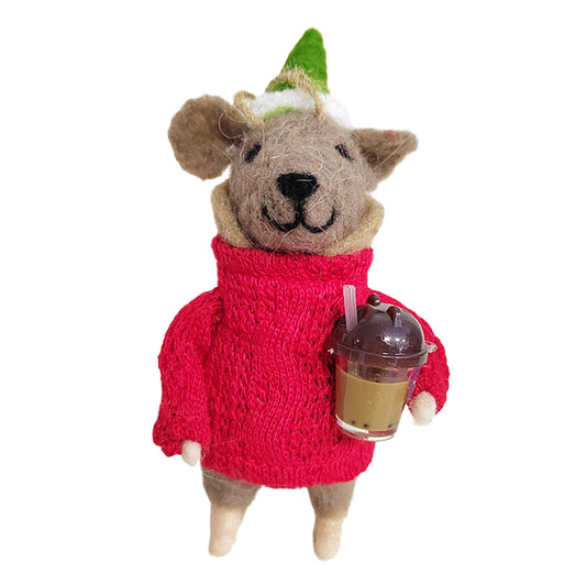 Wool Mouse Ornament w/ Bubble Tea