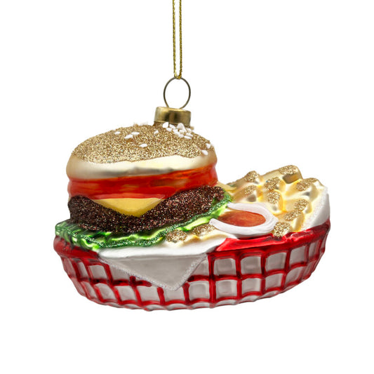 Glass Burger Fries Basket Ornament